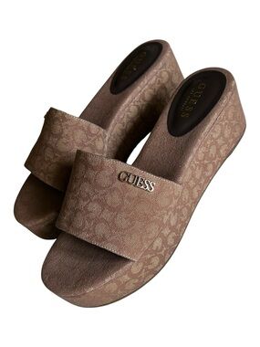 GUESS Brown Tan Platform Slide Sandals